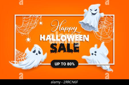 Banner promozionale di Halloween con fantasmi e ragni kawaii volanti su ragnatele cobwebs per promozioni sugli sconti per le vacanze, sfondo vettoriale. Sconti promozionali per Halloween per negozi o negozi con spaventosi fantasmi boo Illustrazione Vettoriale