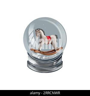 Globo di neve con un cavallo dentro. Illustrazione vettoriale per la composizione del nuovo anno. Biglietti d'auguri, inviti di Natale, banner a tema, volantini. Illustrazione Vettoriale