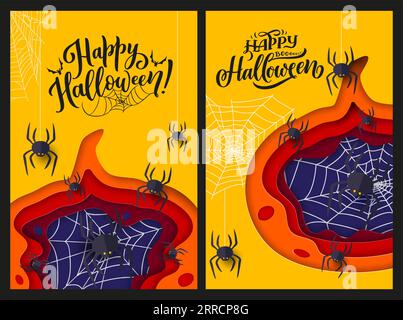 Poster tagliati in carta per le festività di Halloween con ragni e ragnatele per feste horror, sfondo vettoriale. Biglietti d'auguri di buon Halloween a strati di carta tagliata o ritagli di carta con ragni spaventosi nella ragnatela Illustrazione Vettoriale