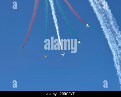 211115 -- DUBAI, 15 novembre 2021 -- gli aerei eseguono acrobazie durante il Dubai Air Show a Dubai, negli Emirati Arabi Uniti, il 14 novembre 2021. UAE-DUBAI-AIR SHOW SuxXiaopo PUBLICATIONxNOTxINxCHN Foto Stock