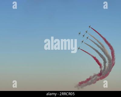 211115 -- DUBAI, 15 novembre 2021 -- gli aerei eseguono acrobazie durante il Dubai Air Show a Dubai, negli Emirati Arabi Uniti, il 14 novembre 2021. UAE-DUBAI-AIR SHOW SuxXiaopo PUBLICATIONxNOTxINxCHN Foto Stock