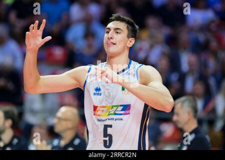 Ancona, Italia. 6 settembre 2023. L'italiano Alessandro Michieletto visto durante la giornata finale 8 del CEV maschile Eurovolley 2023 tra Germania e Italia. La nazionale italiana batte la Germania con un punteggio di 2-3 (foto di Davide di Lalla/SOPA Images/Sipa USA) credito: SIPA USA/Alamy Live News Foto Stock