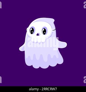 Cartoni animati fantasma kawaii di Halloween in maschera cranica, divertente personaggio boo vettoriale per le vacanze horror. Notte di Halloween, un fantasma spaventoso che vola con una maschera cranica di scheletro morto per una festa divertente o divertente Illustrazione Vettoriale