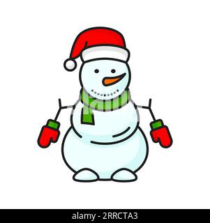 Simpatico pupazzo di neve natalizio con cappello, sciarpa e guanti, icona isolata della linea personaggio di Capodanno. Vacanze invernali Vector Capodanno e pupazzo di neve di Natale Illustrazione Vettoriale