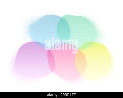 Cinque blobi tondi colorati trasparenti, irregolari e sovrapposti su bianco. Sfondo vivace astratto. Blu chiaro, verde, viola, rosso e giallo. Foto Stock