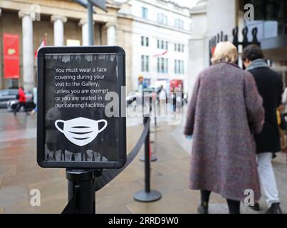 211213 -- LONDRA, 13 dicembre 2021 -- le persone camminano davanti a un cartello di avviso COVID-19 all'ingresso della National Gallery di Londra, Gran Bretagna, 12 dicembre 2021. Il livello di allerta COVID-19 della Gran Bretagna è stato aumentato dal livello 3 al livello 4 alla luce del rapido aumento dei casi di Omicron , ha dichiarato in una dichiarazione congiunta domenica. BRITAIN-LONDON-COVID-19-ALERT LEVEL LixYing PUBLICATIONxNOTxINxCHN Foto Stock