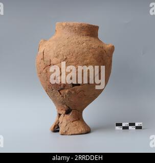 211218 -- ZHENGZHOU, 18 dicembre 2021 -- la foto mostra un vaso di argilla trovato nel sito culturale Peiligang a Xinzheng, nella provincia centrale di Henan. Gli archeologi hanno detto venerdì di aver trovato le prime prove di persone cinesi che usavano monasco per produrre alcol in vasi di argilla di 8.000 anni rinvenuti nella Cina centrale. Peiligang è una delle prime rovine di un villaggio in Cina, risalente a circa 8.000 anni fa. Fornisce importanti prove per gli studi sull'origine e lo sviluppo dell'agricoltura, la fabbricazione della ceramica, l'industria tessile e le tecniche di produzione dell'alcol nei tempi antichi. CHINA-HEN Foto Stock