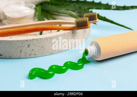 Tubo di dentifricio, spazzolini da denti e aloe fresca su sfondo azzurro, primo piano Foto Stock