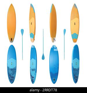 Collage con schede SUP con paddle isolato su lati diversi bianchi Foto Stock