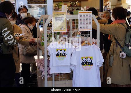 220112 -- TOKYO, 12 gennaio 2022 -- i visitatori comprano souvenir dopo aver visto cuccioli di panda giganti allo zoo di Ueno a Tokyo, in Giappone, 12 gennaio 2022. I panda giganti gemelli, il cucciolo maschio Xiao Xiao e sua sorella lei, che sono nati a giugno nei giardini zoologici di Ueno a Tokyo, sono apparsi al pubblico per la prima volta con la loro madre Shin Shin Wednesday, con grande gioia di un numero limitato di vincitori della lotteria. JAPAN-TOKYO-PANDA-CUB-DEBUT ZhangxXiaoyu PUBLICATIONxNOTxINxCHN Foto Stock