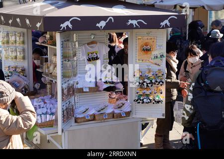 220112 -- TOKYO, 12 gennaio 2022 -- i visitatori comprano souvenir dopo aver visto cuccioli di panda giganti allo zoo di Ueno a Tokyo, in Giappone, 12 gennaio 2022. I panda giganti gemelli, il cucciolo maschio Xiao Xiao e sua sorella lei, che sono nati a giugno nei giardini zoologici di Ueno a Tokyo, sono apparsi al pubblico per la prima volta con la loro madre Shin Shin Wednesday, con grande gioia di un numero limitato di vincitori della lotteria. JAPAN-TOKYO-PANDA-CUB-DEBUT ZhangxXiaoyu PUBLICATIONxNOTxINxCHN Foto Stock