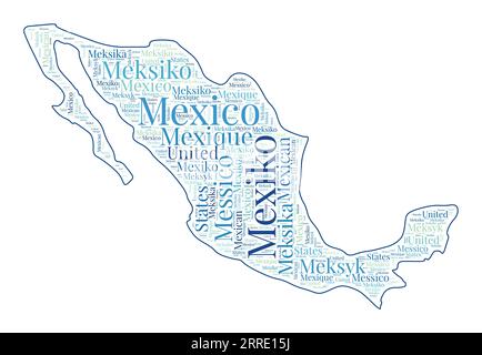 Forma del Messico riempita con il nome del paese in molte lingue. Mappa del Messico in stile nuvola di parole. Accattivante illustrazione vettoriale. Illustrazione Vettoriale