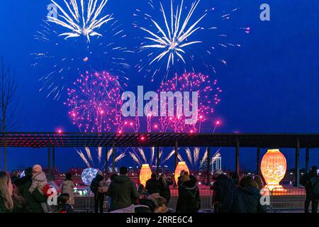 220201 -- BELGRADO, 1 febbraio 2022 -- la gente guarda gli spettacoli pirotecnici al Sava Promenade Walkway a Belgrado, Serbia, il 31 gennaio 2022. I fuochi d'artificio festivi di fronte alla Sava Promenade, la passeggiata estiva più popolare con una lunghezza di 1,8 km, lungo il fiume Sava segnarono l'inizio della celebrazione del Capodanno lunare cinese, o l'anno della Tigre, a Belgrado, la capitale della Serbia il lunedì. Draghi, lanterne, guerrieri di terracotta e altre luci colorate con caratteristiche cinesi sono state accese al primo minuto del primo giorno, ora di Pechino dell'anno cinese della Tigre. Foto Foto Stock