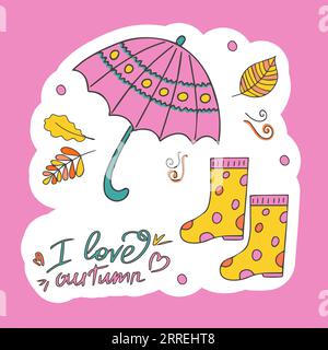 Ciao, Autumn. Adesivo con elementi accoglienti e iscrizioni autunnali. Adesivo o design con spazio per il testo. Disegnato a mano in stile doodle. Isolato Illustrazione Vettoriale