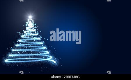 Christmas Tree Card with Particles, Lights and Glowing Star on Blue Background. Copy Space Foto Stock