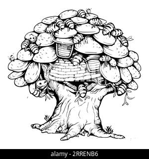 Beehive on A Tree Coloring Page for Kids Illustrazione Vettoriale