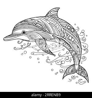 Zentangle Dolphin Coloring Page per bambini Illustrazione Vettoriale