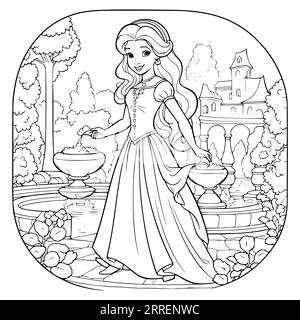 Bella principessa in giardino colorare pagine disegno per bambini Illustrazione Vettoriale