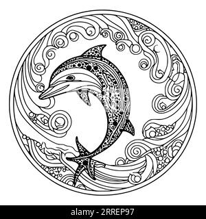 Zentangle Dolphin Coloring Page per bambini Illustrazione Vettoriale