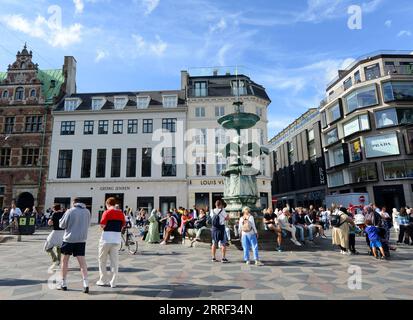 La fontana della cicogna è decorata con uccelli e rane sulla strada pedonale di Amagertorv a Copenaghen, Danimarca. Foto Stock