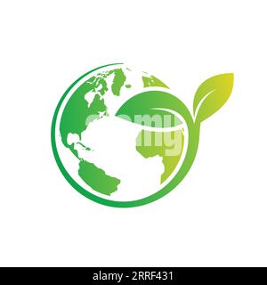 Logo verde terra con disegno icona vettoriale globo a foglia albero sfondo bianco isolato Illustrazione Vettoriale