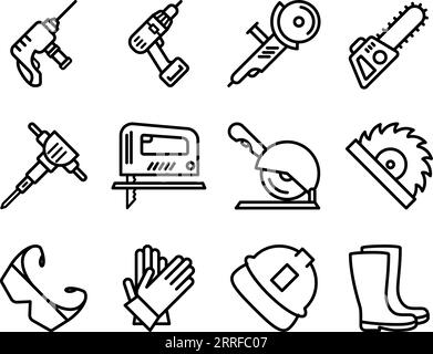 Set di icone di linea per utensili elettrici e attrezzature di sicurezza come contorno modificabile per la progettazione Web Illustrazione Vettoriale