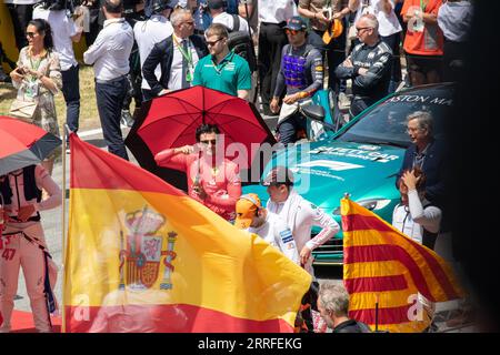 Carlos Sainz, pilota di F1, un momento catturato in uno sfondo di folla. Una bandiera spagnola è prominente in primo piano. Foto Stock