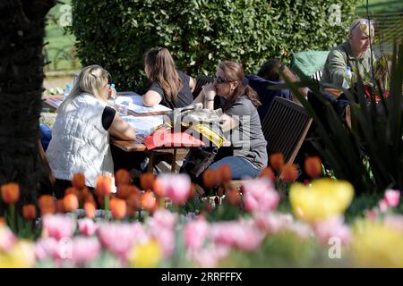 220416 -- ISTANBUL, 16 aprile 2022 -- la gente riposa tra tulipani in un parco a Istanbul, in Turchia, 15 aprile 2022. Shadati TURKEY-ISTANBUL-TULIPANI ShaxDati PUBLICATIONxNOTxINxCHN Foto Stock