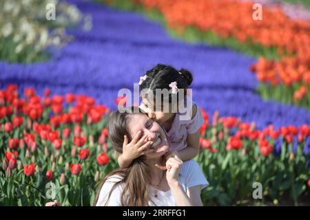 220416 -- ISTANBUL, 16 aprile 2022 -- la gente posa per delle foto tra i tulipani in un parco a Istanbul, in Turchia, 15 aprile 2022. Shadati TURKEY-ISTANBUL-TULIPANI ShaxDati PUBLICATIONxNOTxINxCHN Foto Stock