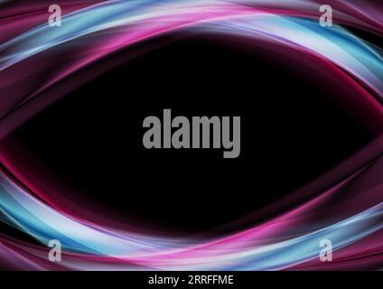 Eleganti onde viola blu su sfondo nero. Modello di design astratto lucido con linee ondulate e morbide e strati luminosi e iridescenti. Liquid Dynamic S Illustrazione Vettoriale