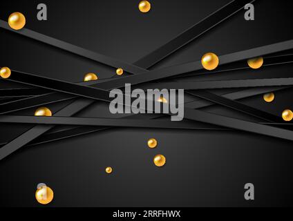 Grafica vettoriale con strisce nere e palline dorate. Sfere geometriche 3d lucide. Background aziendale astratto Illustrazione Vettoriale