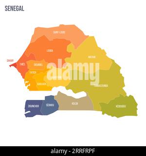 Mappa politica senegalese delle divisioni amministrative - regioni. Mappa politica a colori con etichette e nome del paese. Illustrazione Vettoriale