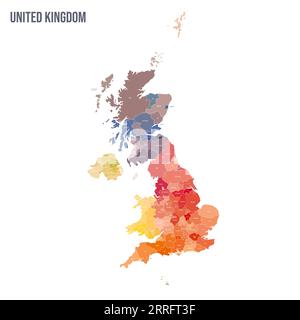 Mappa politica delle divisioni amministrative del Regno Unito di Gran Bretagna e Irlanda del Nord - contee, autorità unitarie e grande Londra in Inghilterra, distretti dell'Irlanda del Nord, aree del consiglio della Scozia e contee, distretti di contea e città del Galles. Mappa politica a colori con etichette e nome del paese. Illustrazione Vettoriale
