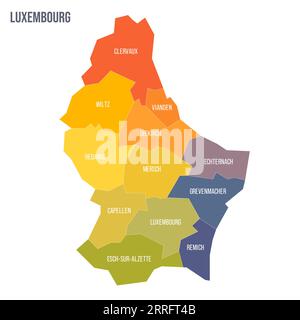 Mappa politica lussemburghese delle divisioni amministrative - Cantoni. Mappa politica a colori con etichette e nome del paese. Illustrazione Vettoriale