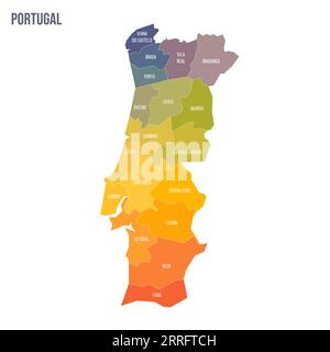 Mappa politica del Portogallo delle divisioni amministrative - distretti. Mappa politica a colori con etichette e nome del paese. Illustrazione Vettoriale