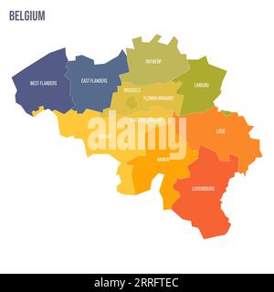 Mappa politica del Belgio delle divisioni amministrative - province. Mappa politica a colori con etichette e nome del paese. Illustrazione Vettoriale