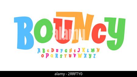 Carattere a colori rimbalzanti, lettere dinamiche e vivaci per design divertenti e simpatici. Perfetto per la scuola, i compleanni, le feste gioiose o il carnevale. Cartone animato Illustrazione Vettoriale