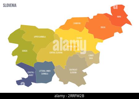 Mappa politica slovena delle divisioni amministrative - regioni statistiche. Mappa politica a colori con etichette e nome del paese. Illustrazione Vettoriale