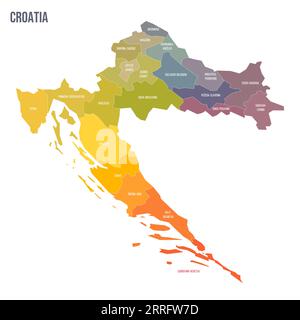 Mappa politica della Croazia delle divisioni amministrative - contee. Mappa politica a colori con etichette e nome del paese. Illustrazione Vettoriale