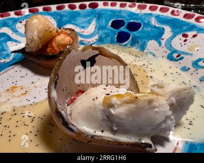 Fette di cipolla servite con pesce e aragoste grigliate in forno Josper con formaggio cremoso, porro e cipolla nera in polvere Foto Stock
