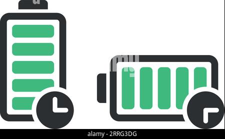 Icona di lunga durata della batteria in stile "flat". Illustrazione del vettore del processo di carica della batteria su sfondo isolato. Concetto aziendale cartello di ricarica accumulatore. Illustrazione Vettoriale