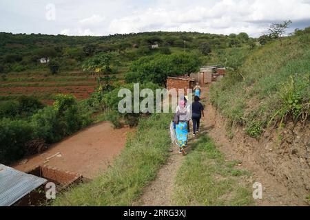 220506 -- MACHAKOS KENYA, 6 maggio 2022 -- le donne camminano al villaggio di Katangi nella contea di Machakos, Kenya, il 3 maggio 2022. PER ANDARE CON la caratteristica: Le donne rurali keniane ampliano i flussi di reddito attraverso la tessitura dei cesti KENYA-MACHAKOS-WOMEN-BASKET-WEAVING DongxJianghui PUBLICATIONxNOTxINxCHN Foto Stock