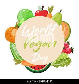 Cornice rotonda World vegan Day beige con verdure e frutta colorate. Illustrazione Vettoriale