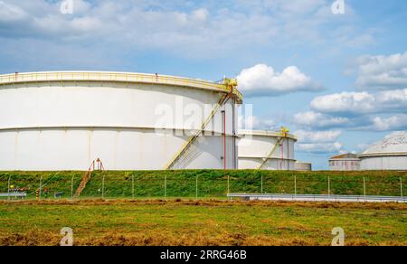 Silo di stoccaggio per petrolio a Europoort vicino a Rotterdam, Paesi Bassi Foto Stock