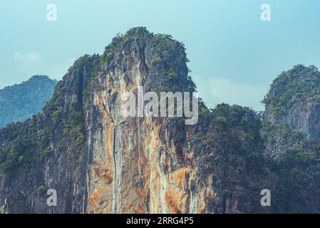 Montagna calcarea ricoperta di foresta tropicale contro il cielo blu Foto Stock