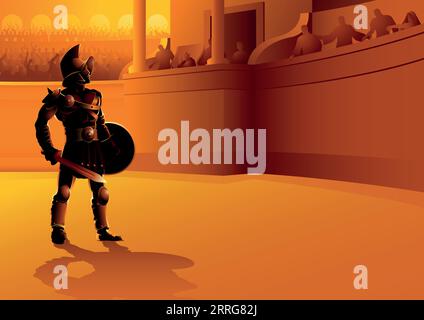 Illustrazione vettoriale dell'antico gladiatore di Roma che posa nell'arena Illustrazione Vettoriale