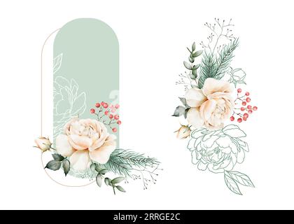 Set di acquerelli e composizioni grafiche natalizie di fiori, rami di conifere e bacche. Perfetto per biglietti, saluti, confezioni, design Foto Stock