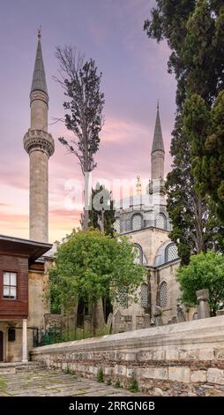 La Moschea Atik valide del XVI secolo, circondata da alti alberi lussureggianti, si trova nel quartiere di Uskudar, Istanbul, Turchia. La foto cattura la bellezza dell'architettura della moschea, con i suoi imponenti minareti Foto Stock