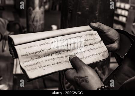 Immagine in bianco e nero con mani distintive che reggono un testo tibetano sulla recessione in un monastero in Tibet Foto Stock