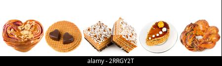 Torte, cialde e focaccine isolate su uno sfondo bianco. Foto grandangolare. Spazio libero per il testo. Collage. Foto Stock